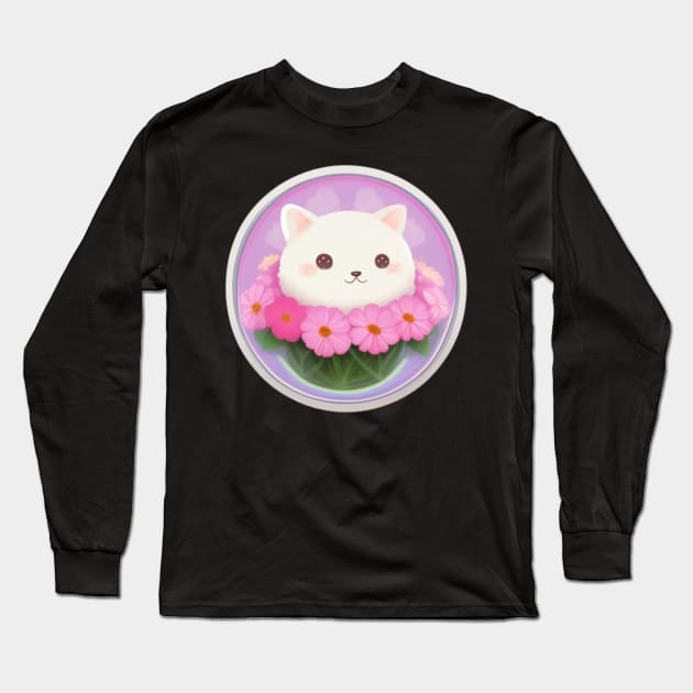 Kitten in a vase of pink flowers Long Sleeve T-Shirt by CursedContent